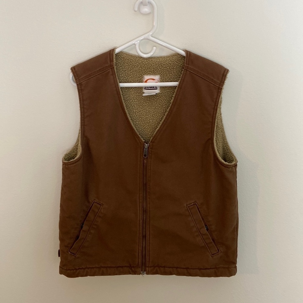 Sorel Men's Brown Canvas Tan Lined Sherpa Vest Utility Size Medium